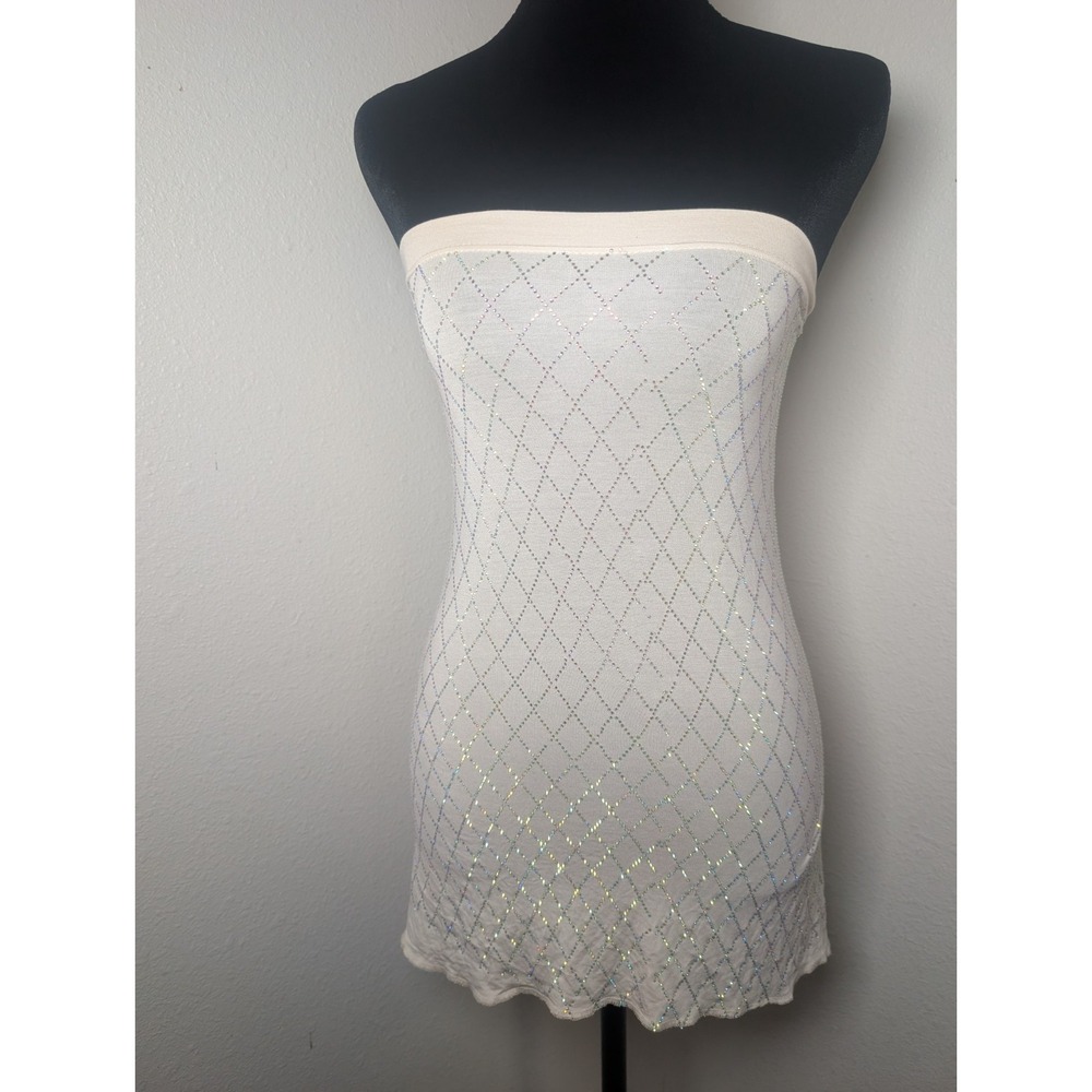 Y2K White Rhinestone Strapless Tube Top Longline McBling Diamond Sparkle Size S